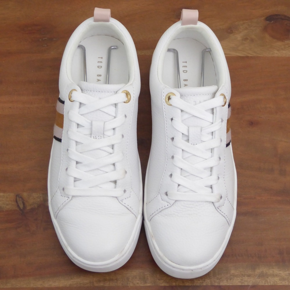 Ted Baker Womens Baily Sneakers Lace Up White Leather Webbing Stripe Size 6 - Picture 3 of 10